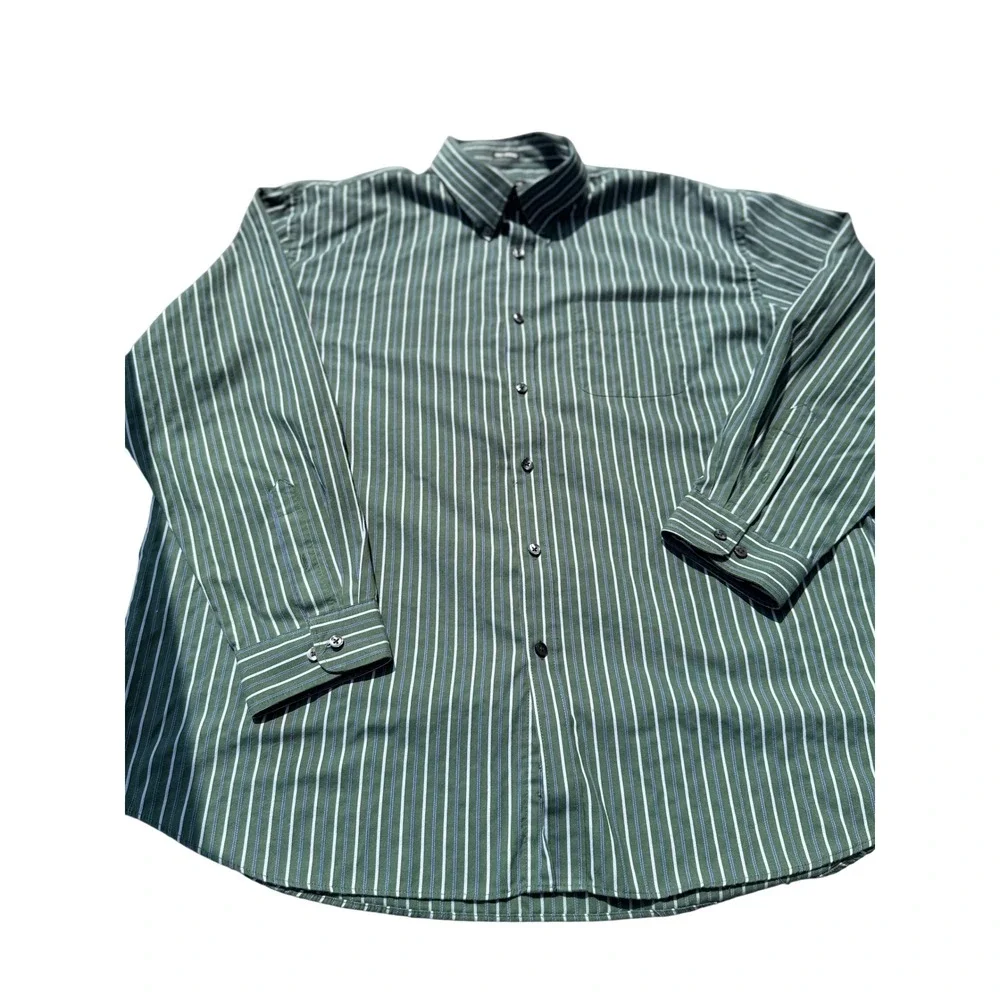 Mens Striped Button‎ Down Shirt Green White Blue Casual Long Sleeve